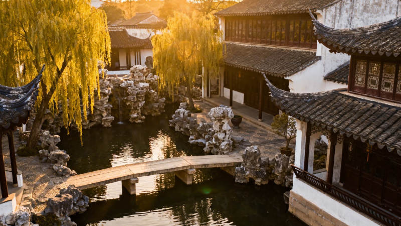 江南园林 夕照水榭图片