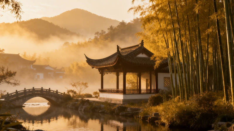 竹林古亭 晨雾山水间图片