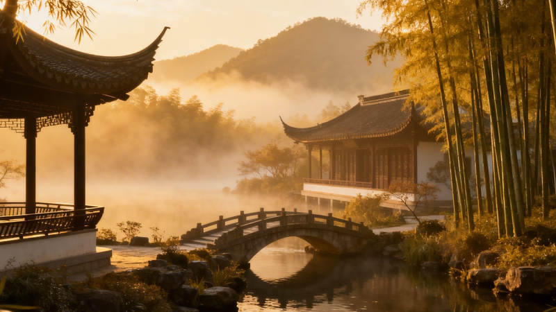 晨雾古亭桥影竹韵图片