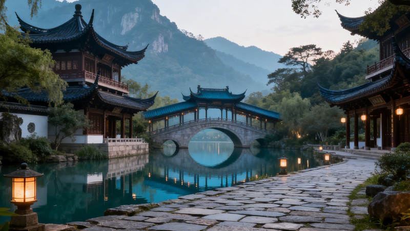 古桥映月 山水园林夜图片