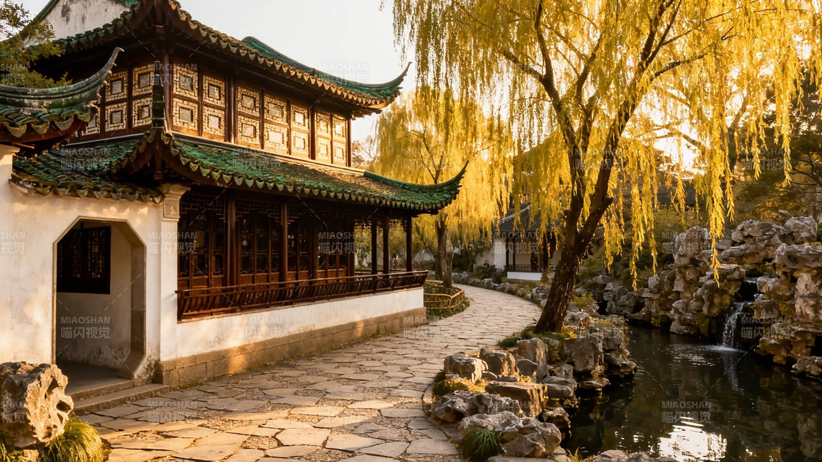 古典园林 柳影水榭夕照图片