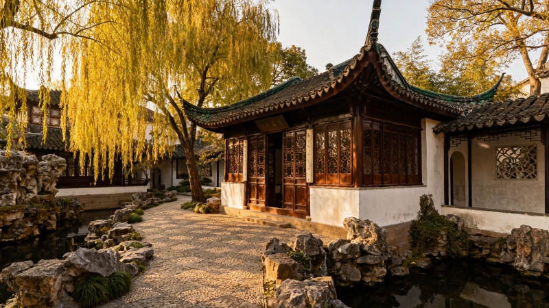 江南园林 秋柳映亭图片