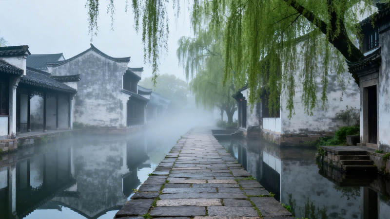 烟雨江南 柳影水巷静图片