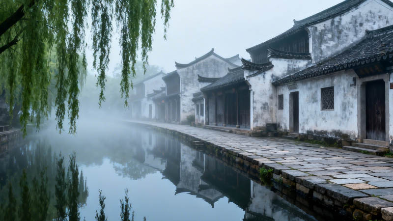 烟雨江南 古巷水影朦胧图片
