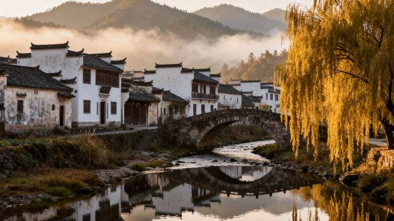古村晨雾 柳影桥韵图片