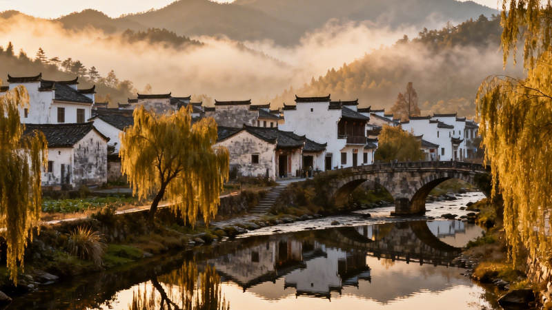 晨雾古村 桥影映水图片