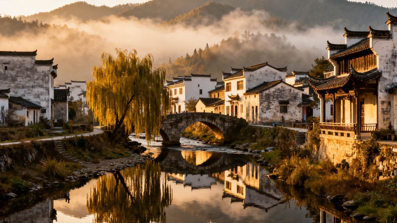 晨雾古村 水映白墙柳影图片