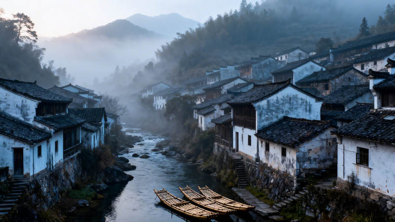 古村晨雾 竹筏静泊溪上图片