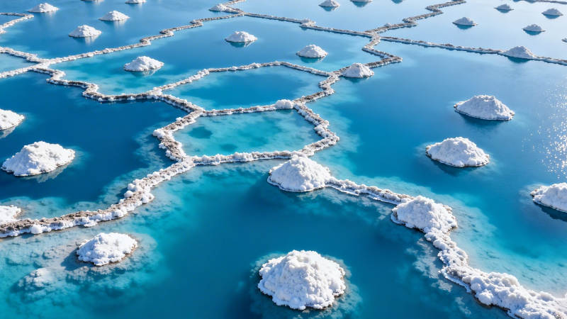 盐田如镜 白盐浮蓝水图片