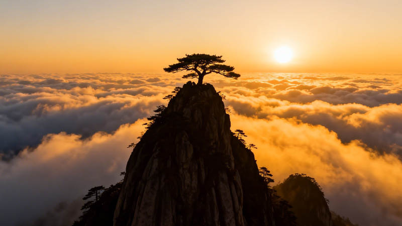 云海孤松迎日出图片