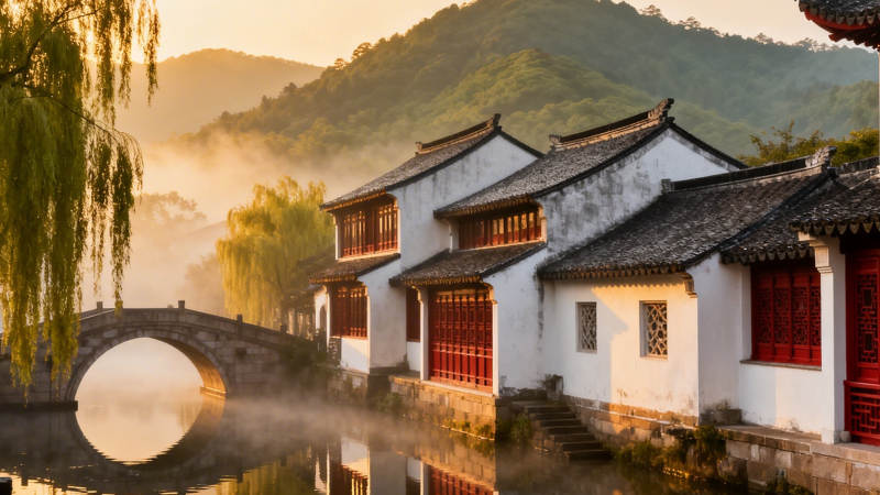 晨雾古桥 江南水乡韵图片