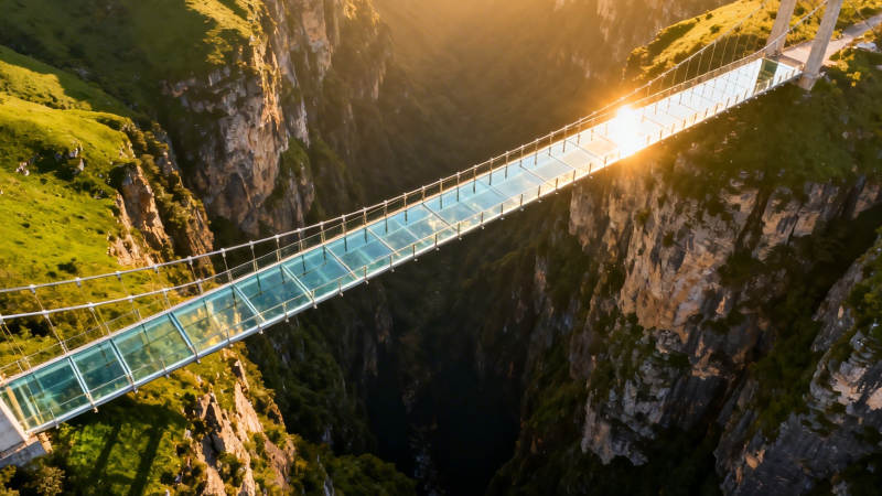 悬崖玻璃桥 夕阳映峡谷图片