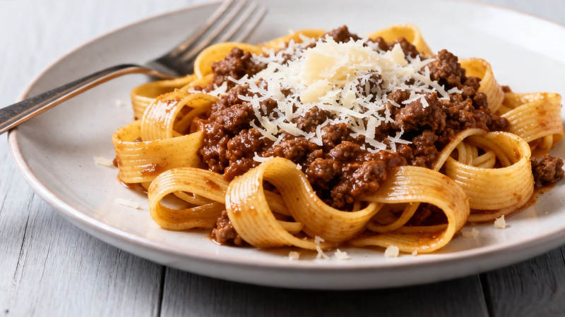 意式肉酱宽面配帕玛森奶酪图片