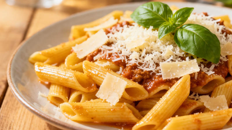 意式肉酱通心粉配罗勒叶图片