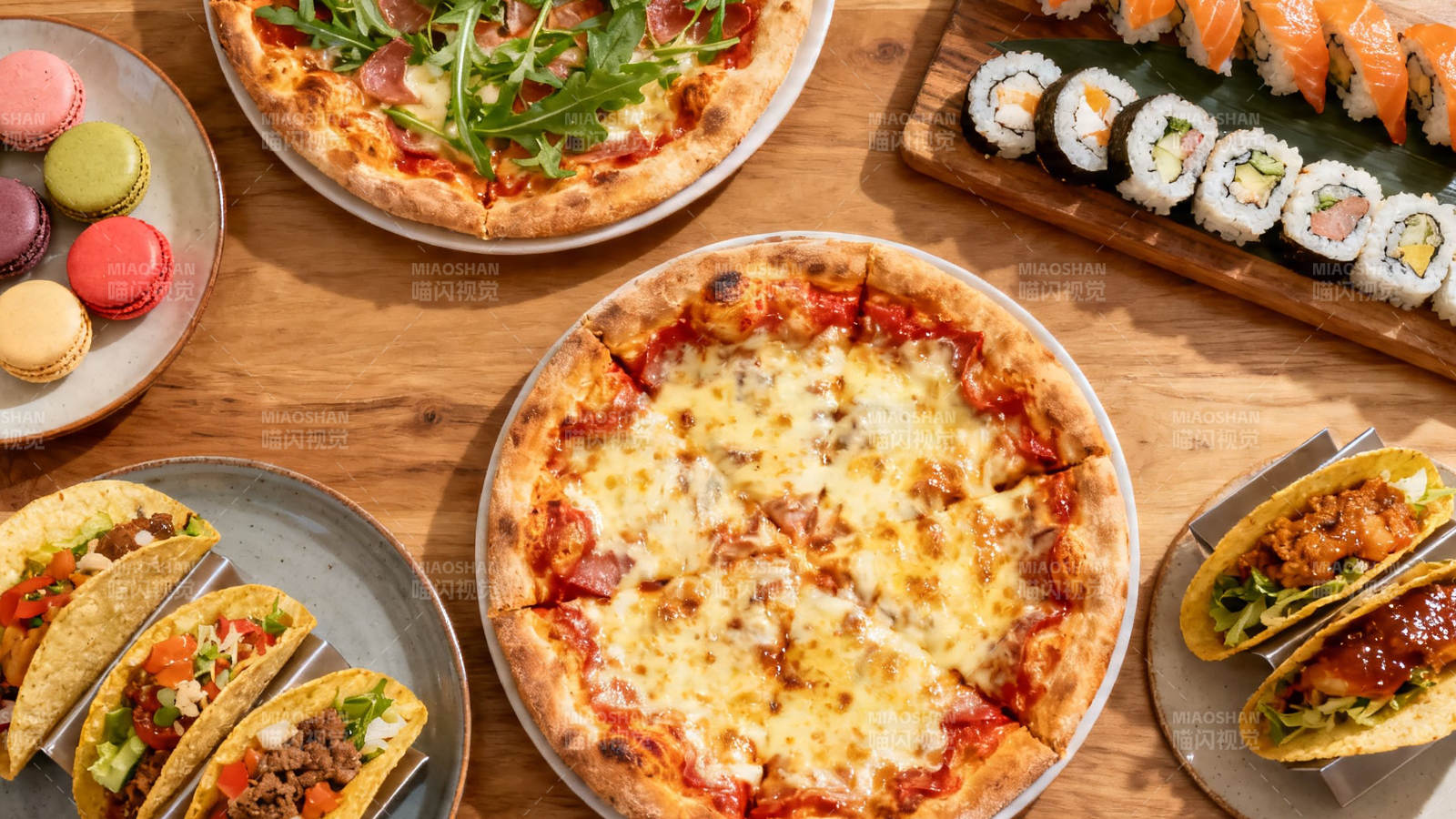 美食盛宴 披萨寿司塔可马卡龙图片