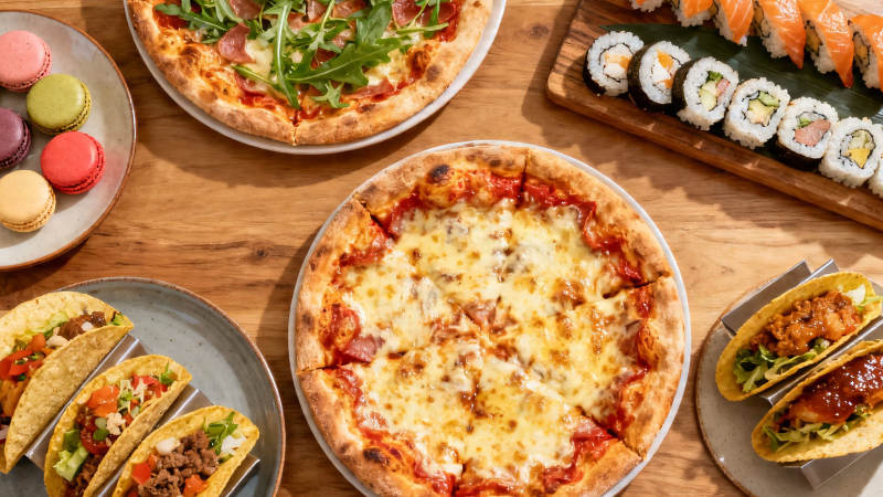 美食盛宴 披萨寿司塔可马卡龙图片