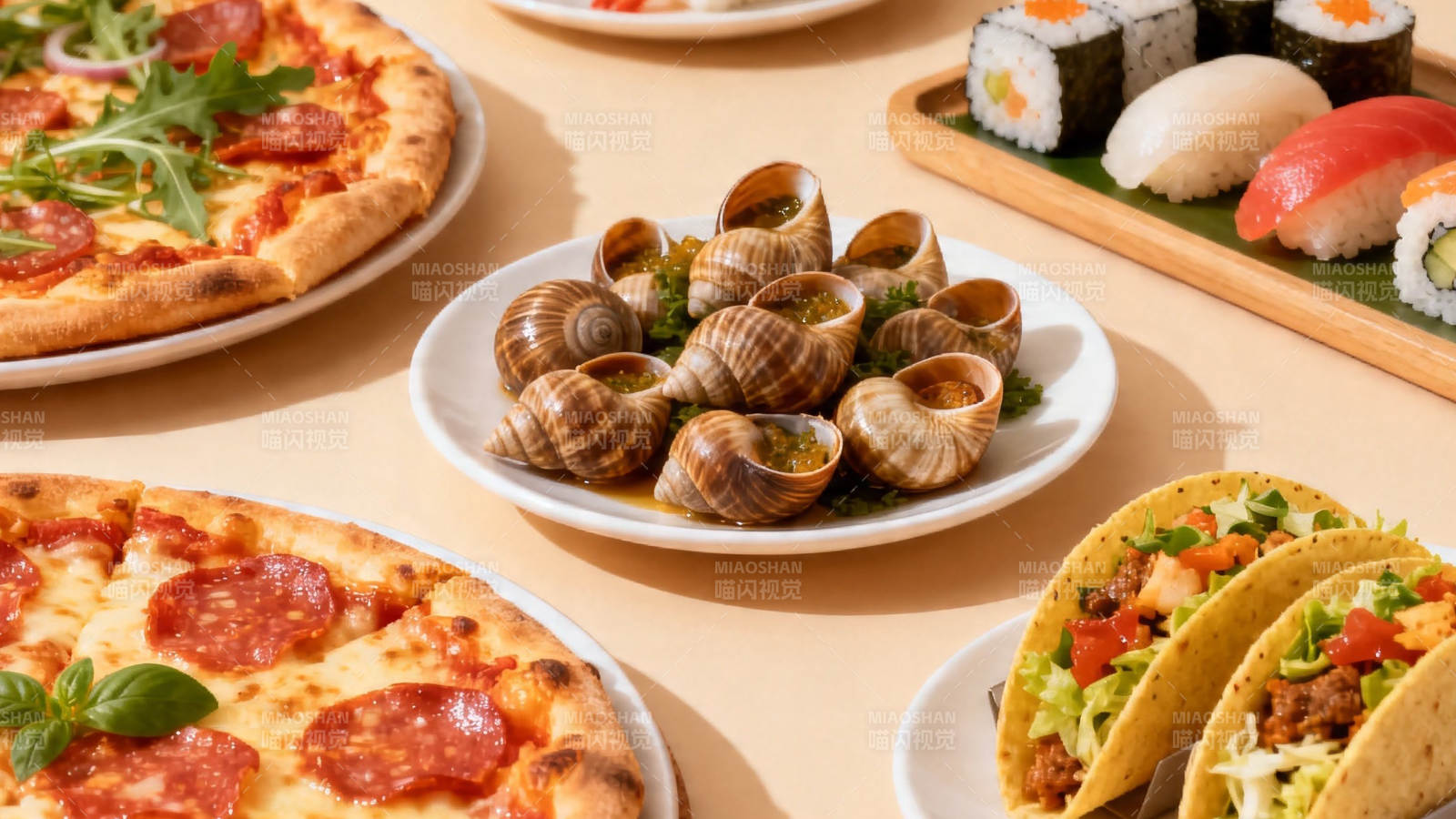 美食盛宴 披萨寿司蜗牛塔可图片