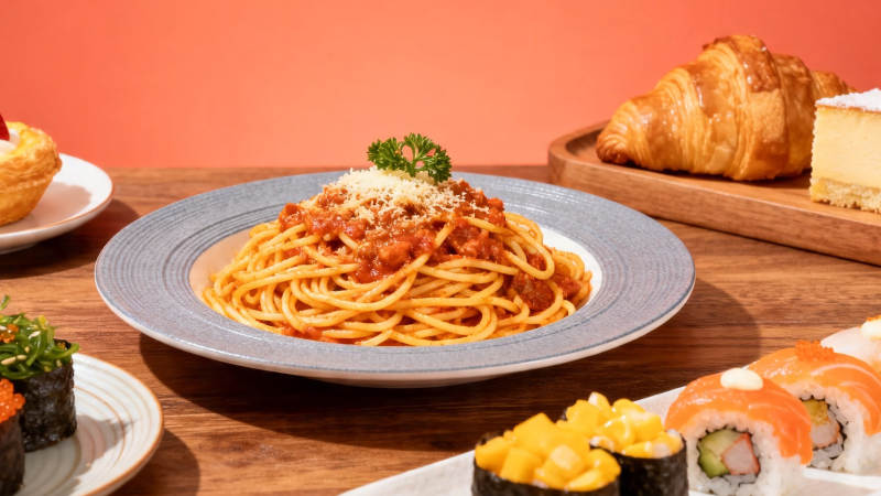 美食盛宴 意面寿司可颂同框图片