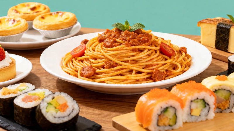 美食盛宴 意面寿司甜点齐聚图片