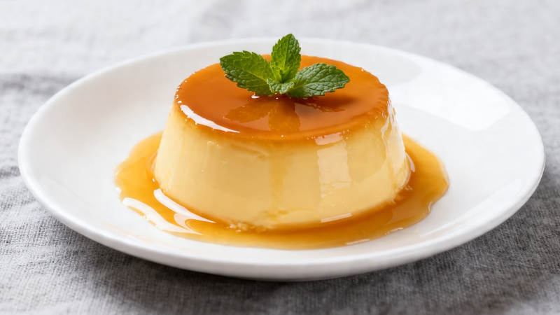 焦糖布丁配薄荷叶图片