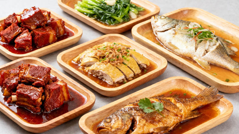 中式家常六菜木盘盛图片