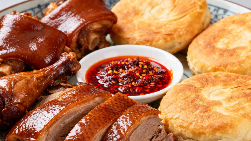 卤味拼盘配辣酱烧饼图片