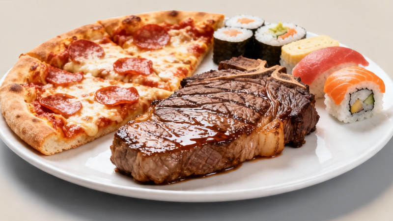 披萨牛排寿司拼盘图片