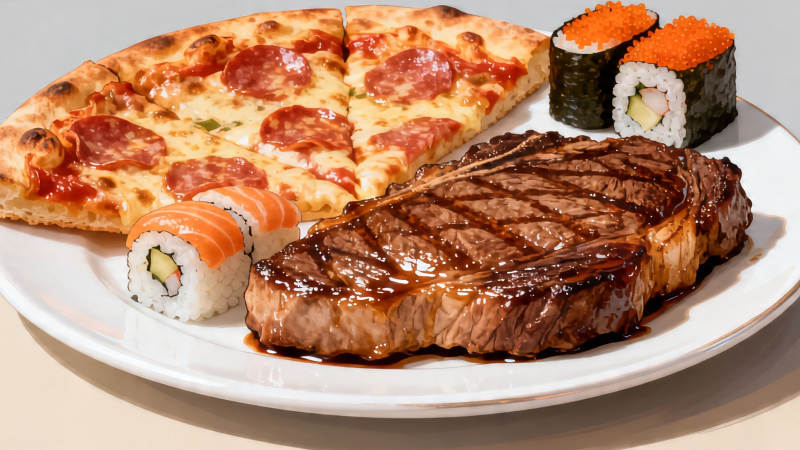 披萨牛排寿司拼盘图片
