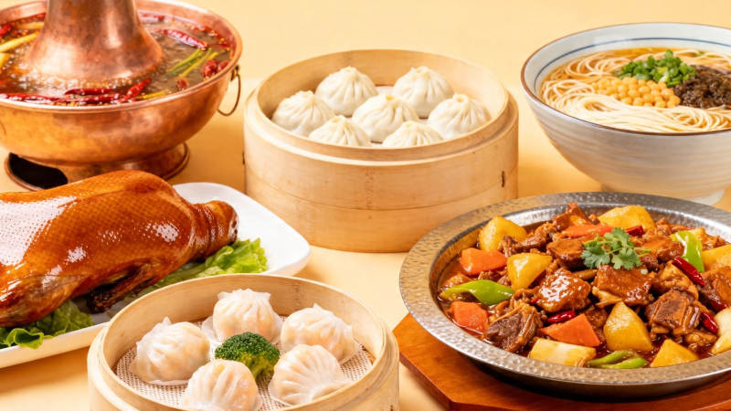 中式美食盛宴 火锅烤鸭小笼包图片