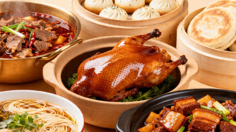 中式美食盛宴 烤鸭 包子 红烧肉等图片