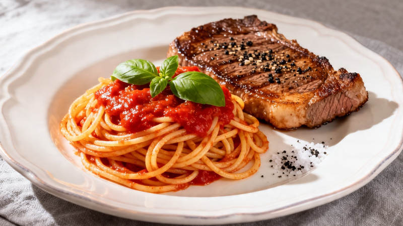 牛排配意面 经典西餐组合图片