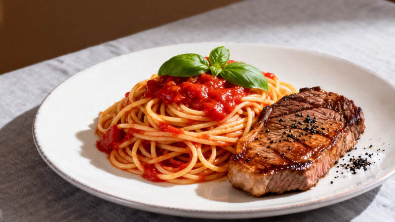 意面配牛排 经典西式餐图片