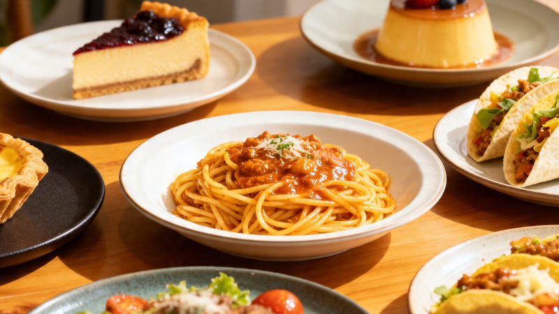 美食盛宴 意面甜点齐聚桌图片