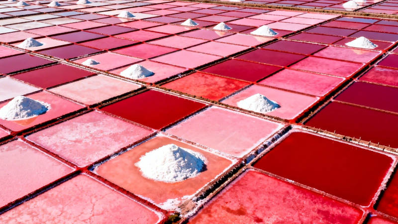 红盐田如画卷 堆雪映霞光图片