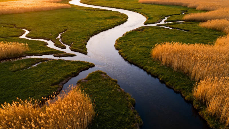 蜿蜒河流穿绿野金芦荡图片