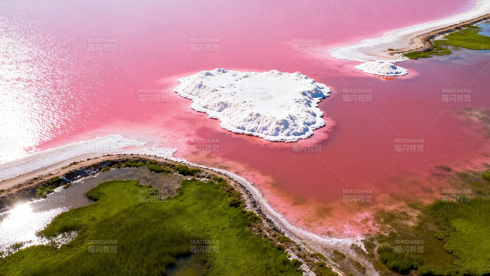 粉红盐湖与绿岛奇景图片