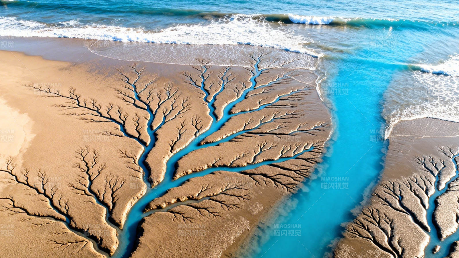 沙滩上的蓝色河流图案图片