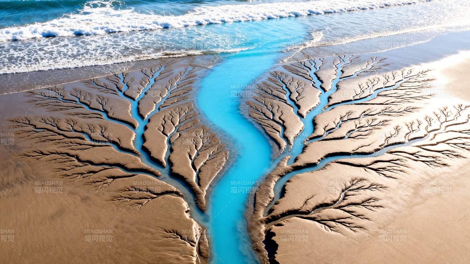 沙滩上的蓝色河流图案图片