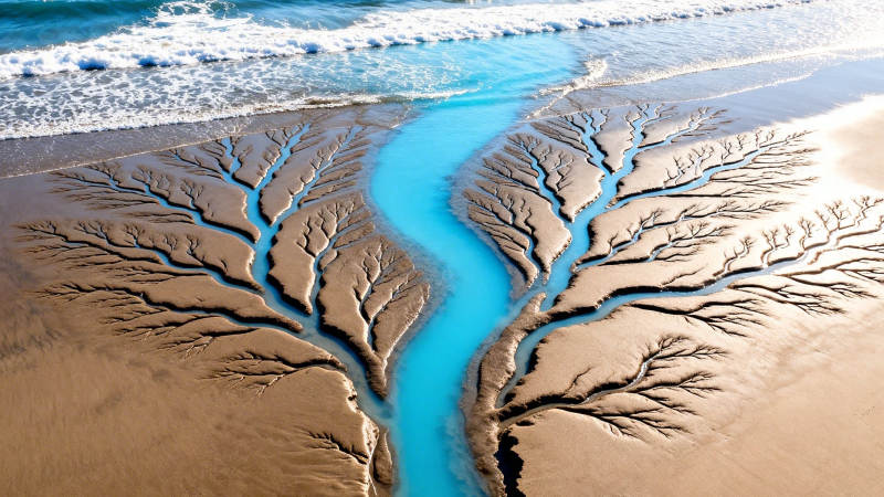 沙滩上的蓝色河流图案图片