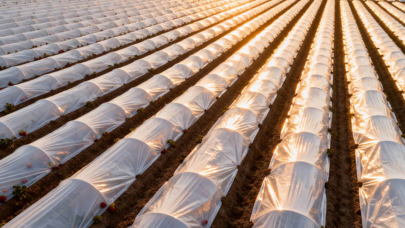 晨光下的塑料大棚农田图片
