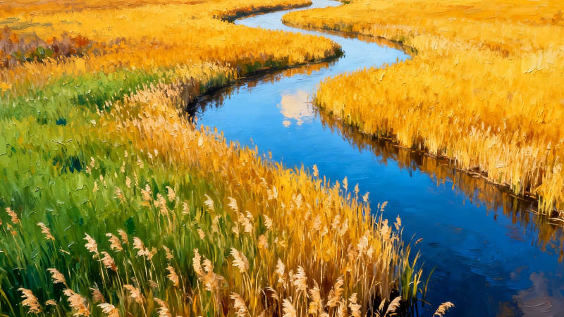 秋河蜿蜒 金苇映蓝水图片