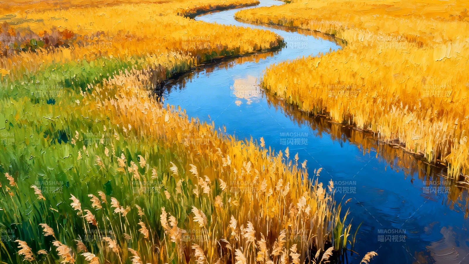 秋河蜿蜒 金苇映蓝水图片