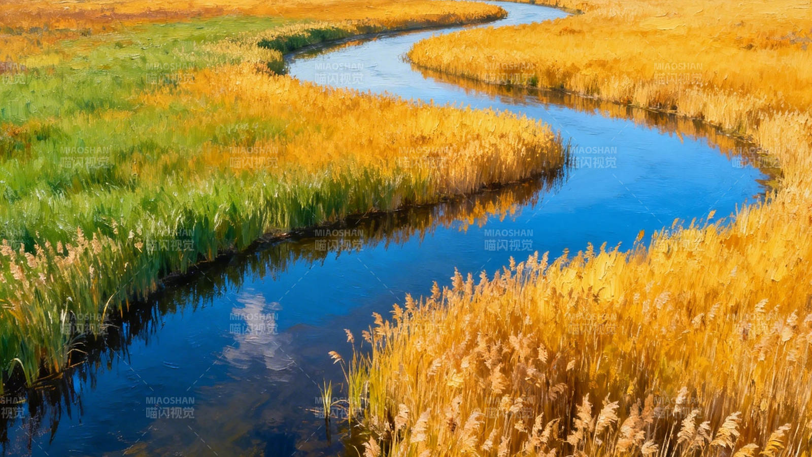 秋河蜿蜒 金草映蓝水图片