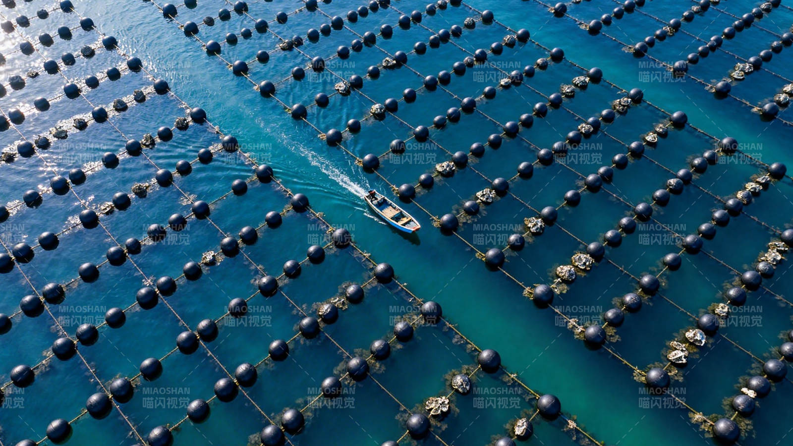 海上牧场 渔舟穿行其间图片