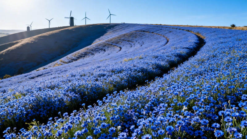 蓝花田与风车共舞图片