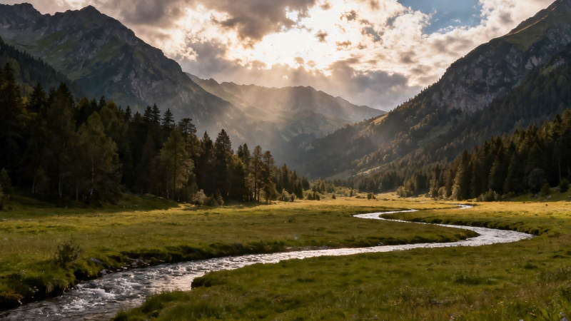 山河夕照 溪流蜿蜒入画图片