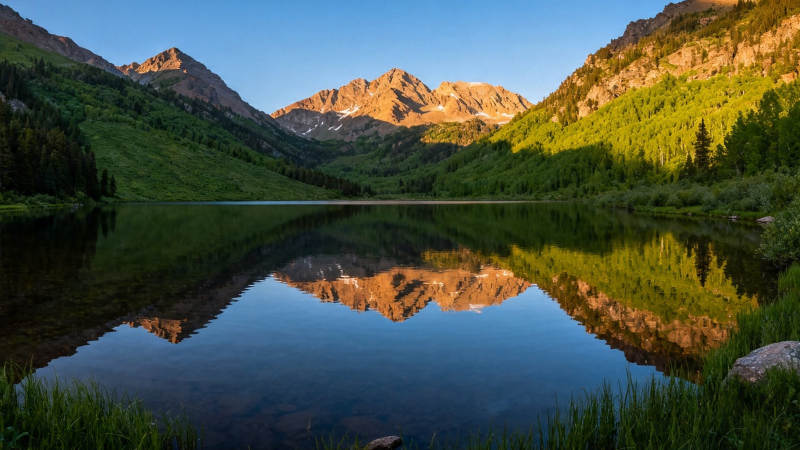 山湖倒影 晨光如画图片