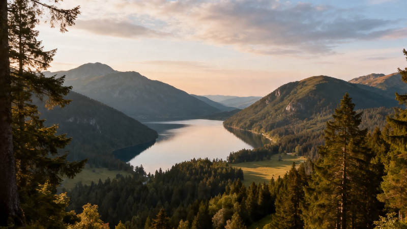 山湖夕照 松林静美图片