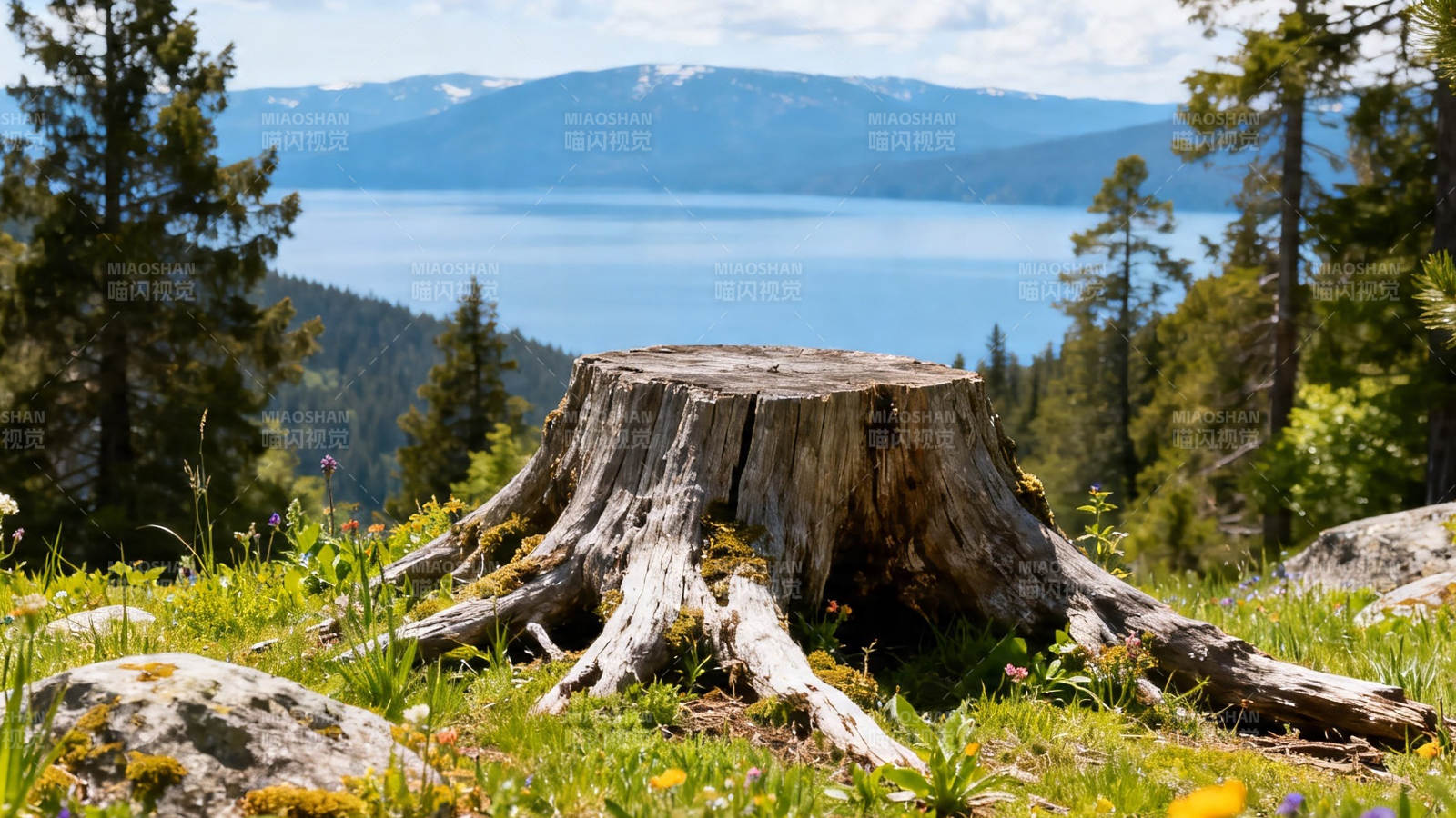湖光山色伴古桩图片