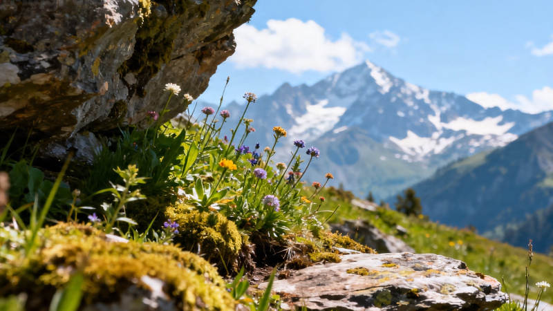 山花烂漫映雪峰图片